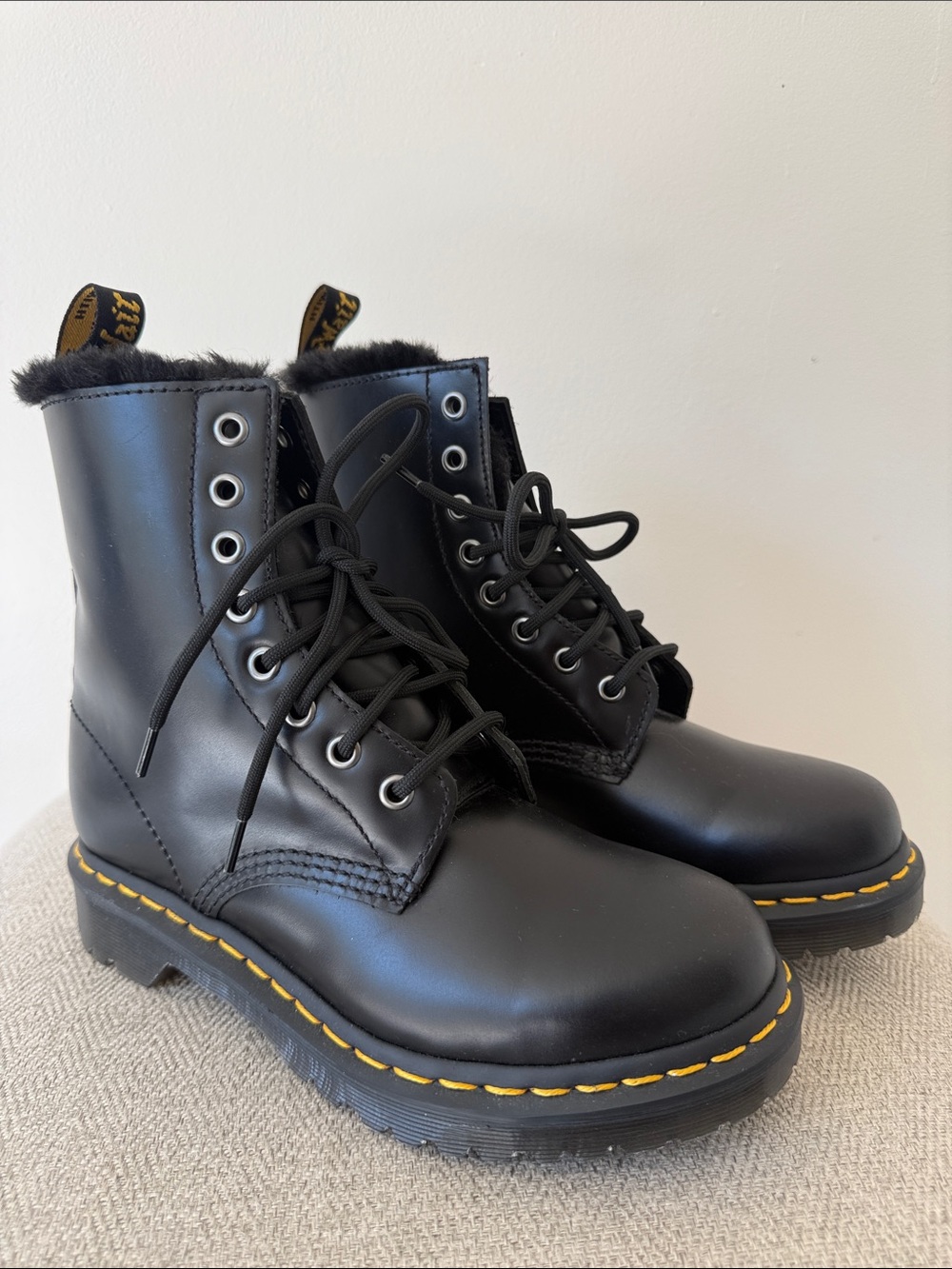 Dr. Martens Black Lace-Up Platform Boots with Yellow Stitching